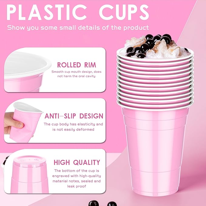 Dualshine 100 Pack 16 oz Pink Plastic Cups, Disposable Plastic Party Cups, Heavy Duty Drinking Water Cup for Wedding Birthday Graduation Valentine's Day Christmas Baby Shower Picnic Barbecues Supplies
