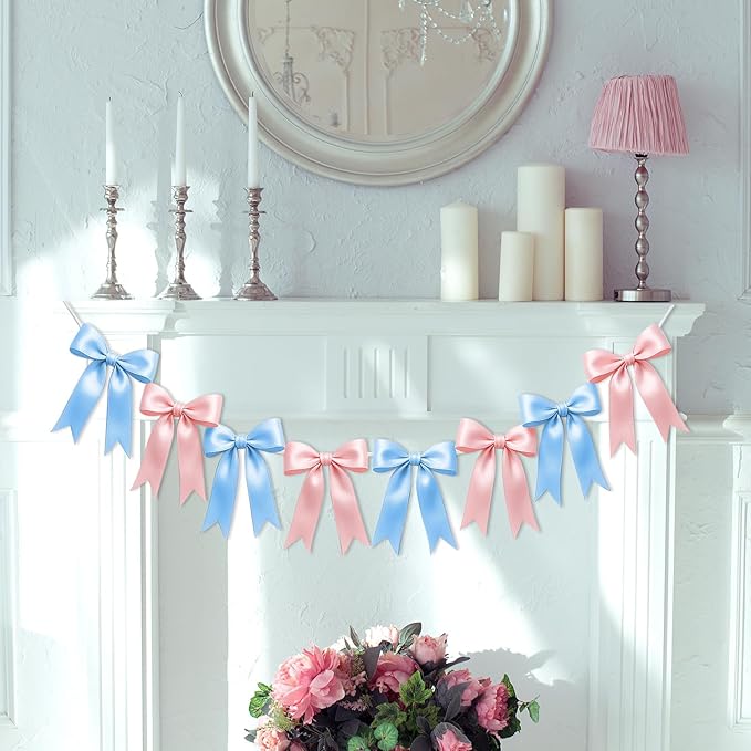 1 String of 8PCS Baby Pink&Baby Blue Bow Garland Banner Decoration,Pre-Strung Satin Ribbon Ornaments for Gender Reveal Party,Baby Shower,Birthday,Bridal Shower,Graduation Decor,Anniversary,Wedding