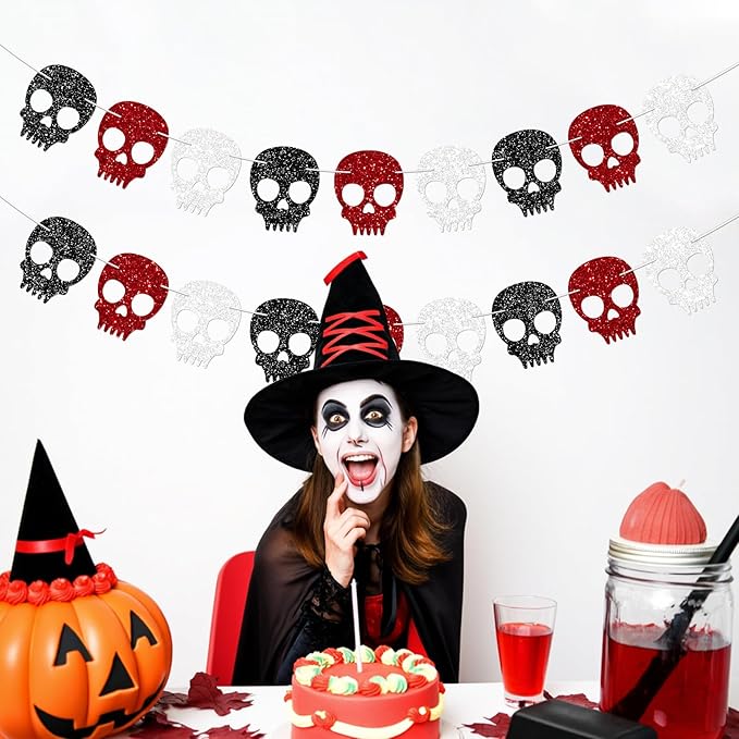 2PC Black/Silver/Red Skull Garland for Halloween Party Decorations Glitter Skull Banner for Gothic Birthday Decorations Supplies