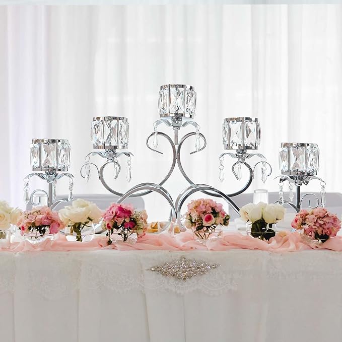 Silver 5 Arms 26.8 Inches Wide Crystal Pendant Bowl Tea Light Candle Holder, Large Bling Centerpiece Table Decorations, Metal Votive Candle Holders for Dining Table (Silver, Cup-Shaped)