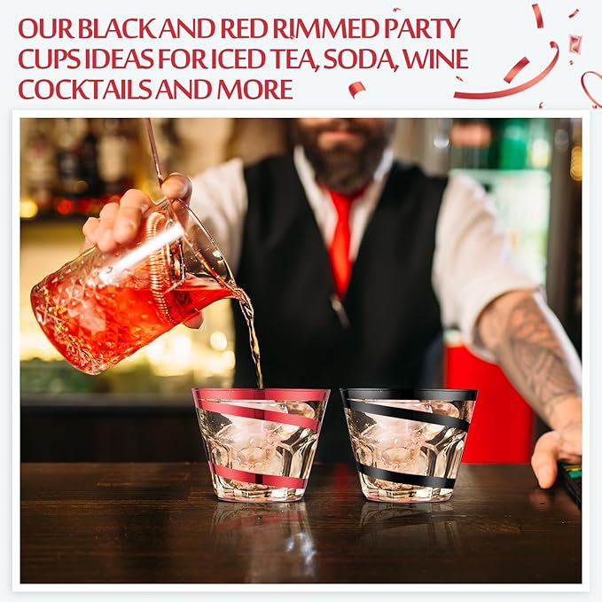 Gejoy 9 oz Rimmed Swirl Plastic Cups Disposable Wine Drinking Cups Clear Elegant Halloween Tumblers for Christmas Party Supplies(Red,Black,200 Pcs)