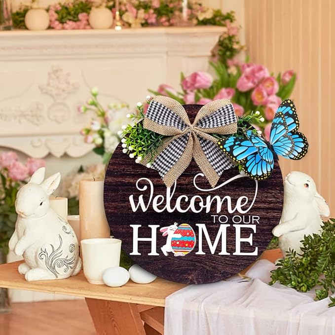 Interchangeable Seasonal Welcome Sign Front Door Decorations, Round Wood Wreath for Outdoor, Farmhouse, Porch Perfect for New Home Housewarming Gift, Valentine's, Easter, Christmas Home Decor