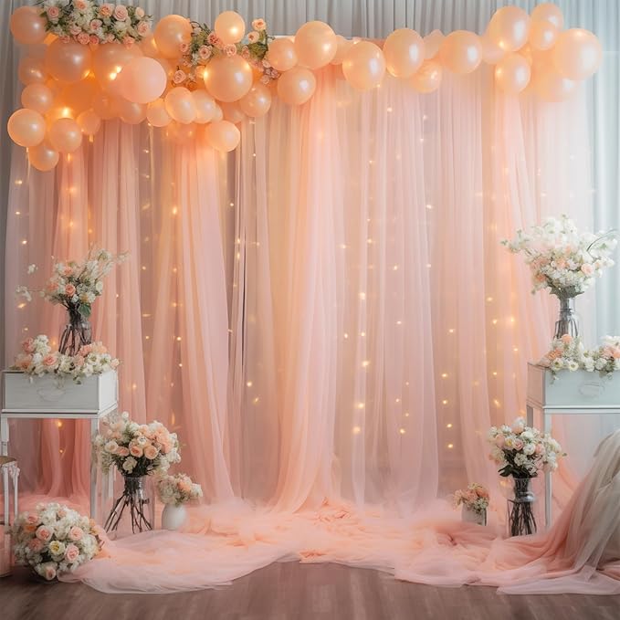 10ft x 10ft Peach Backdrop Curtain Panels with Lights String for Parties, Sheer Tulle Wedding Photo Backdrops Drapes for Baby Shower Birthday Party Decorations Background for Photography