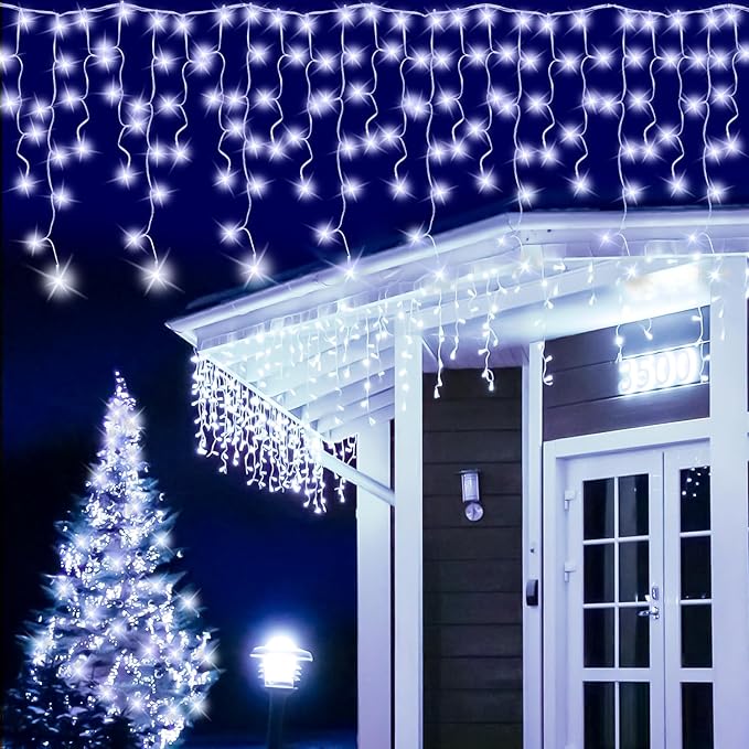 320 LED White Icicle Lights Outdoor Waterproof, 32.8FT Connectable Christmas String Lights with Remote & Timer, 8 Lighting Modes Dimmable Holiday Wedding Party Decorations