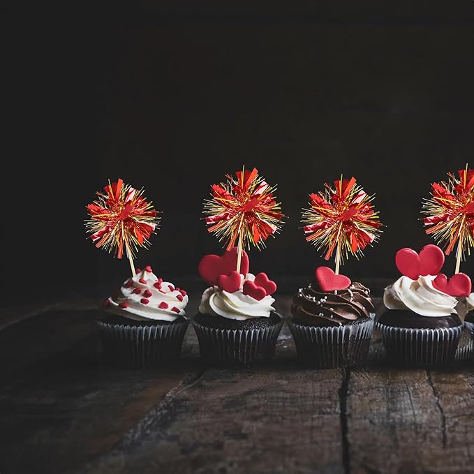 Gyufise 20Pcs Foil Firework Cupcake Toppers Sparkle Tinsel Cake Toppers Tinsel Drink Cake Decoration Cocktail Picks for Birthday Wedding Graduation Party Supplies Gold Red