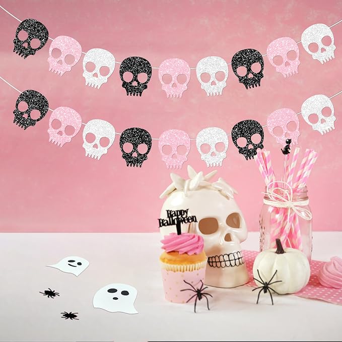 2PC Black/Silver/Pink Skull Garland for Halloween Party Decorations Glitter Skull Banner for Girl/Women Gothic Birthday Decorations Supplies