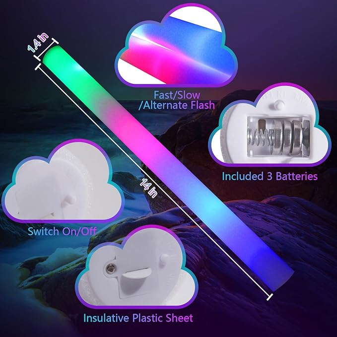 68 PCS LED Foam Glow Sticks Bulk, Glow in the Dark Party Supplies with 3 Modes Colorful Flashing, Neon Party Favors for Birthday, Wedding, Carnival, Concert, Halloween Glow Sticks