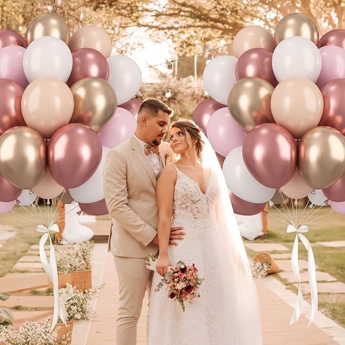 Rose Gold Balloons, 60 Pcs 12 Inch Nude Pastel Pink Balloons, Beige Metallic Gold Matte White Balloon for Boho Wedding Bridal Shower Princess Party Girls Women Birthday Baby Shower Decoration Supplies