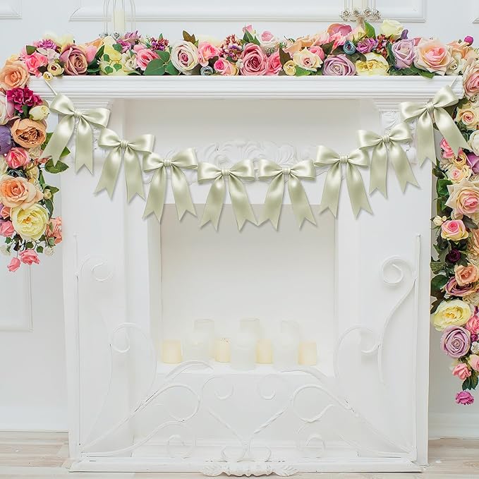 1 String of 8PCS Ivory White Bow Garland Banner Decoration,Pre-Strung Satin Ribbon Ornaments for Birthday,Bachelorette Party,Bridal Shower,Wedding,Engagement,Baby Shower,Graduation Decor,Anniversary