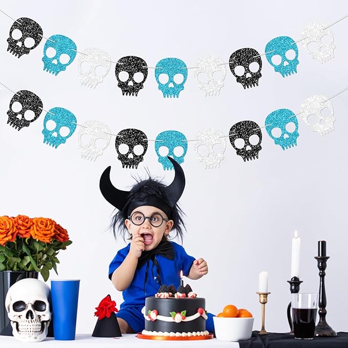 2PC Black/Silver/Blue Skull Garland for Halloween Party Decorations Glitter Skull Banner for Boy/Men Gothic Birthday Decorations Supplies