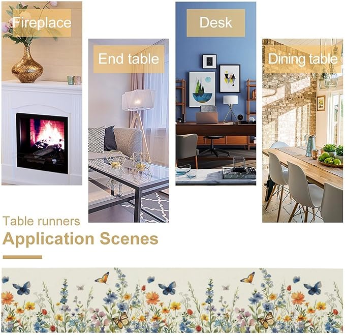 Butterfly Table Runner, Wildflowers Floral Butterfly Table Decoration Seasonal Spring Summer Home Kitchen Dining Table Indoor Outdoor Farmhouse Decor 13x36 in