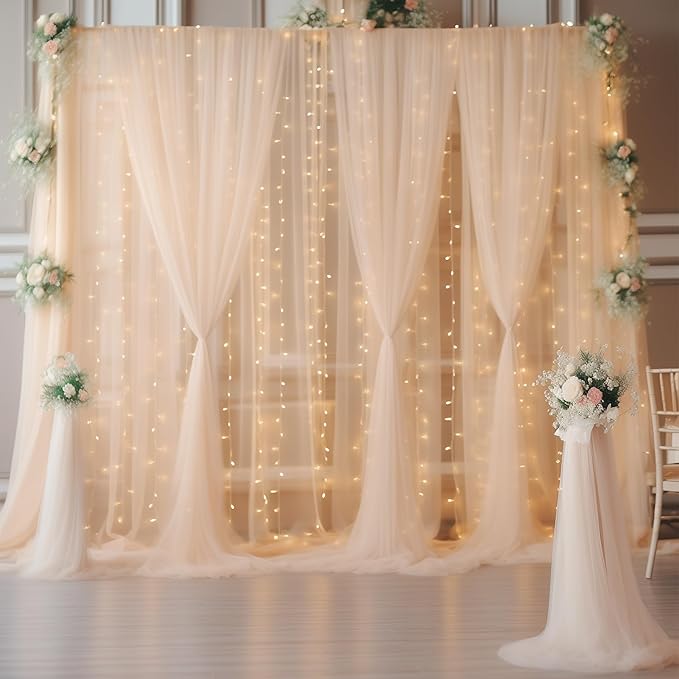 10ft x 10ft Champagne Backdrop Curtain with Lights String for Parties, Sheer Wedding Photo Backdrops Drapes for Baby Shower Birthday Party Decorations Background for Photography
