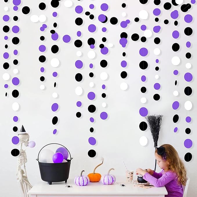 46Ft Purple Black Circle Dots Garlands Black Purple and White Polka Dot Hanging Paper Streamer Banners for Birthday Graduation Wedding Bridal Shower Baby Shower Halloween Party Decorations Supplies