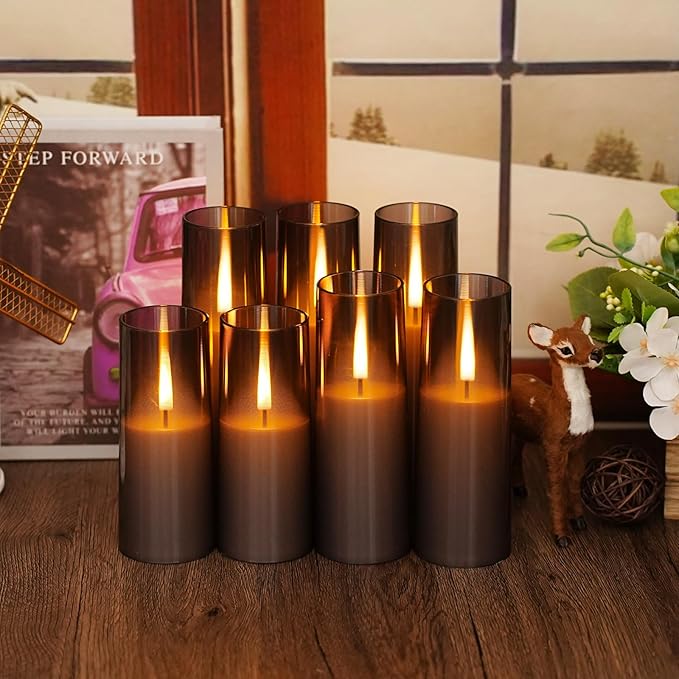 Flickering Flameless Candles 7Pcs Upgraded Realistic Dancing Flame Battery Operated Candles,LED Candles with Remote and Timers,Acrylic Electric Pillar Candles for Festivals Decor(Grey)