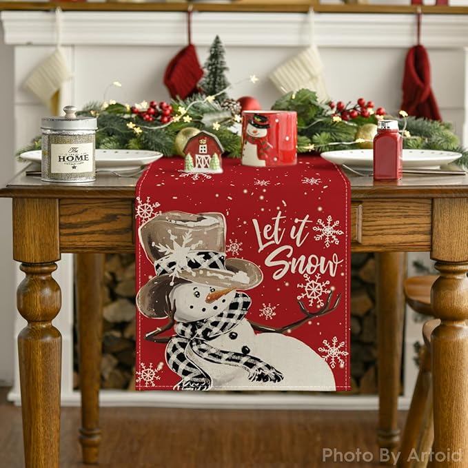 Artoid Mode Red Snowman Snowflake Let it Snow Winter Table Runner, Seasonal Christmas Kitchen Dining Table Decoration for Home Party Decor 13x108 Inch