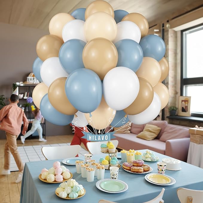 Dusty Blue White Balloons 60 Pcs Dusty Blue White Sand Balloons 12 Inch Neutral Boho Slate Blue Cream Beige Apricot Nude Brown Balloon for Boys Men Bear Bridal Baby Shower Birthday Party Decorations