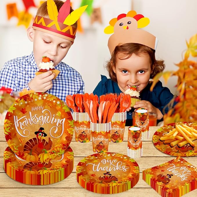 140Pcs, Thanksgiving Day Party Supplies Plates and Napkins Happy Thanksgiving Decorations Tableware Set Fall Birthday Decorations Give Thanks Turkey Paper Plates, Serve for 20