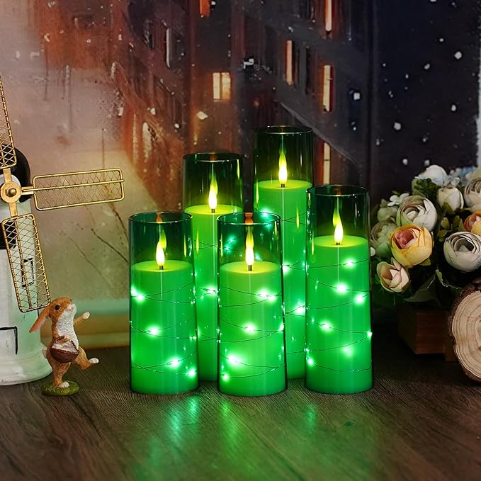 Flameless LED Candles with Timer 5 Pc Flickering Flameless Candles for Romantic Ambiance and Home Decoration Stable Acrylic Shell,with Embedded Star String,Battery Operated Candles(Green)