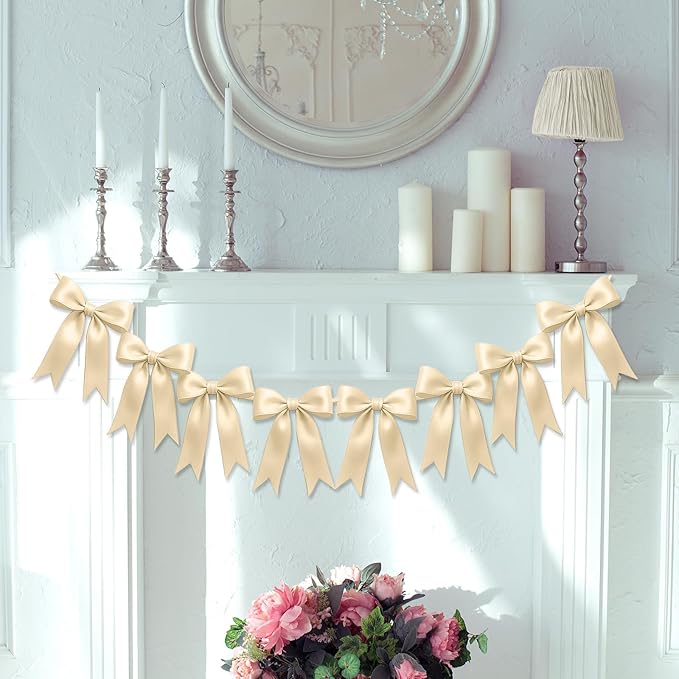 1 String of 8PCS Champange Bow Garland Banner Decoration,Pre-Strung Satin Ribbon Ornaments for Birthday,Bachelorette Party,Bridal Shower,Wedding,Engagement,Baby Shower,Graduation Decor,Anniversary