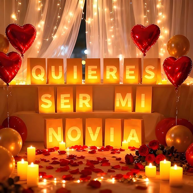 Quieres Ser Mi Novia Light Up Letters, Include Light up Letters, with Tea Lights Candles, Latex Balloons, Aluminum Balloons and Rose Petals, Anniversary and Valentines' Day Decorations for Women