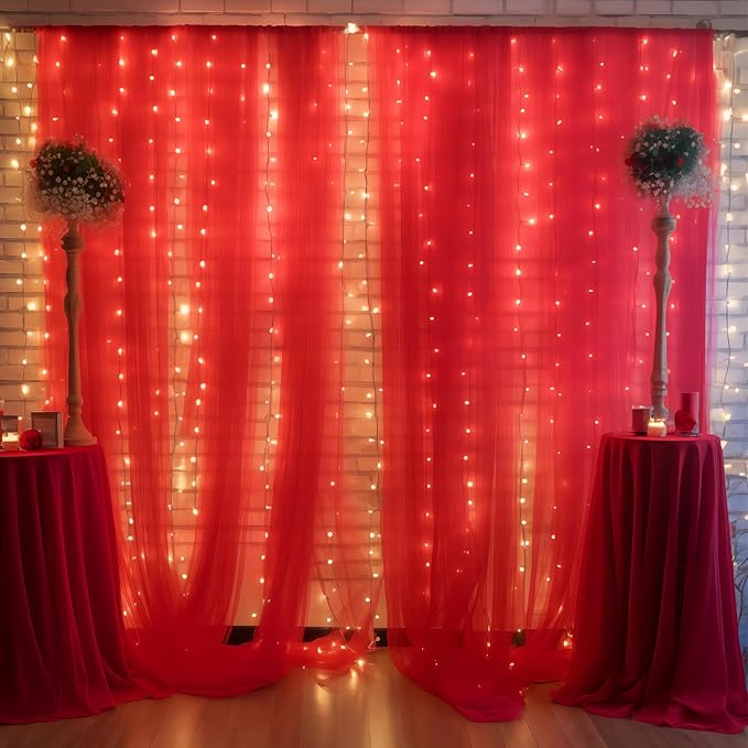 10ft x 8ft Red Backdrop Curtain with Lights String for Parties, Sheer Tulle Wedding Photo Backdrops Drapes for Baby Shower Birthday Party Decorations Background for Photography