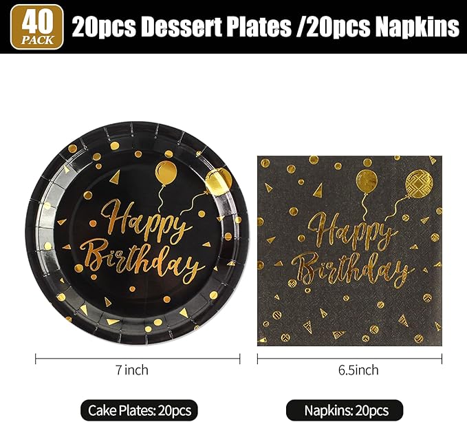 9 Inch Birthday Plates and Napkins, Black and Gold Balloons Dessert plates Disposable Party Supplies 40PCS Cake Paper Plates Tableware for Birthday Party Decorations