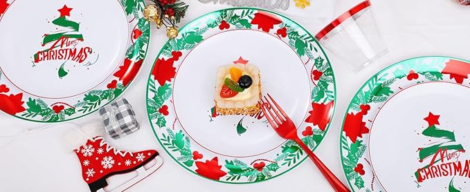 GATHER 176 Pieces Christmas Plastic Plates - Heavy Duty Christmas Disposable Dinnerware Set include 50 Plates, 75 Red Plastic Silverware, 25 Napkins, 25 Cups and 1 Tablecloth for Xmas Party