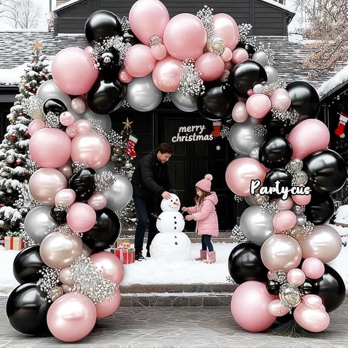 Pearl Pink Black Balloon Arch Kit, Double Stuffed Pastel Baby Pink Blush Silver Balloon Garland for Baby Shower Birthday Christmas Winter Bridal Wedding Party Decoration