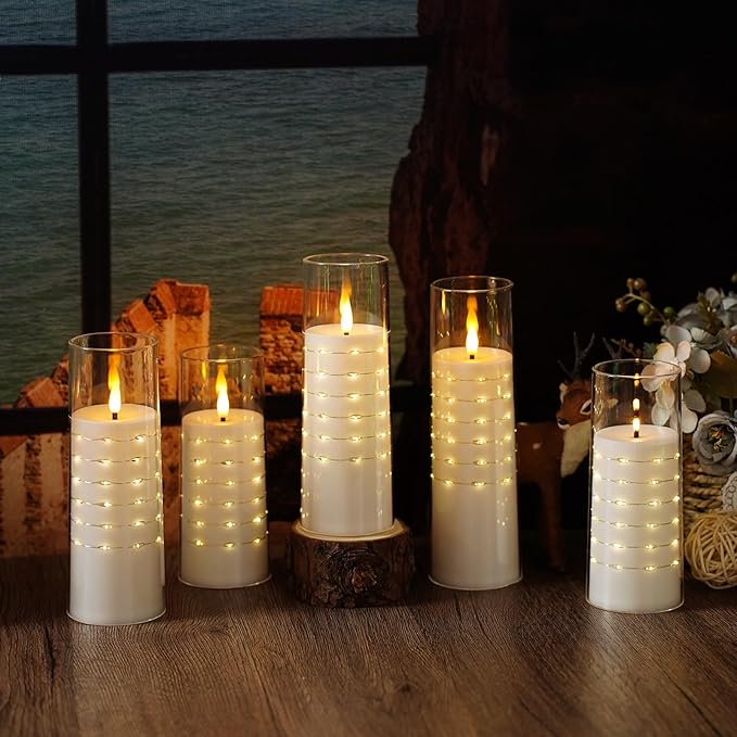 Flameless Candles with Embedded Star String - Flow Flicker Battery LED Candles, Realistic Flame,White Set of 5 | Holiday Decoration, Wedding, Party Adding to The Family Atmosphere