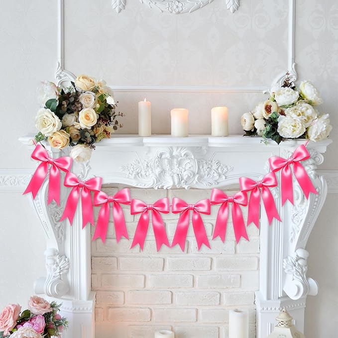 1 String of 8PCS Hot Pink Bow Garland Banner Decoration,Pre-Strung Satin Ribbon Ornaments for Birthday,Bachelorette Party,Bridal Shower,Wedding,Engagement,Baby Shower,Graduation Decor,Anniversary