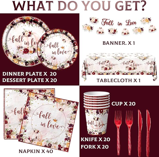 Fall In Love Bridal Shower Decoration,142pcs Fall Wine Disposable Dinnerware Autumn Plates and Napkins Floral Pumpkin Tablecloth for Fall Theme Wedding Bridal Shower Supplies