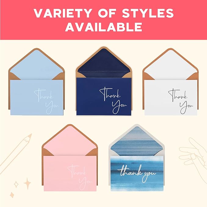 VNS Creations Thank You Cards With Envelopes Bulk Set & Stickers - 100 Pack 4x6 Blank Thank You Notes Bulk Box Set - Large Note Card Small Business, Wedding, Baby Shower & Bridal Shower - Black