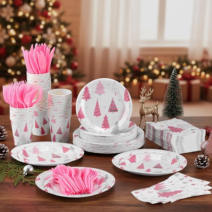 Pickmesh 400 Pcs Christmas Party Supplies Pink Silver Xmas Tree Snowflake Disposable Paper Plates Napkins Cups Cutlery for Winter Xmas Christmas Birthday Party Table Decorations Serve 50