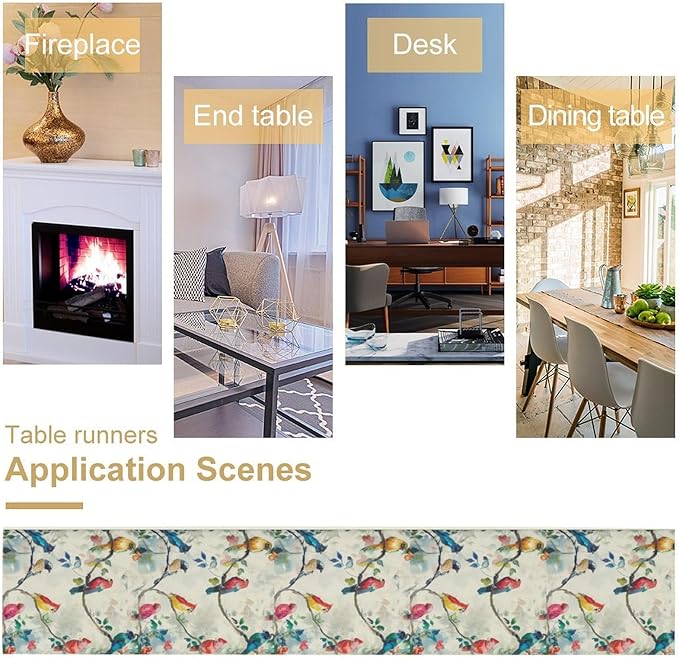 Birds Flowers Spring Table Runner,Watercolor Floral Leaves Seasonal Home Party Kitchen Dining Table Decoration 13x90 in