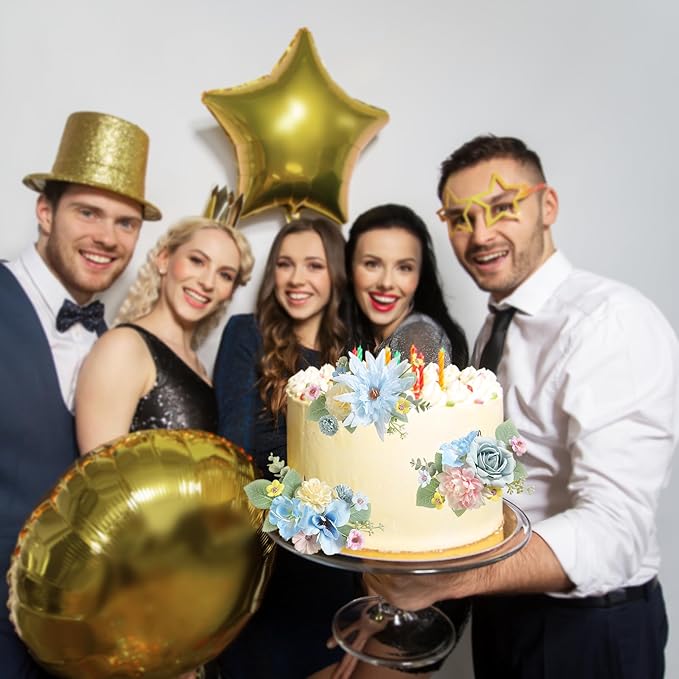 Cake Toppers Flowers,3 Pieces Hand-made Silk Flowers Cake Decorations for Birthday Baby Shower Wedding Valentine's Day Celebration Boho Party Supplies (Blue Pink)