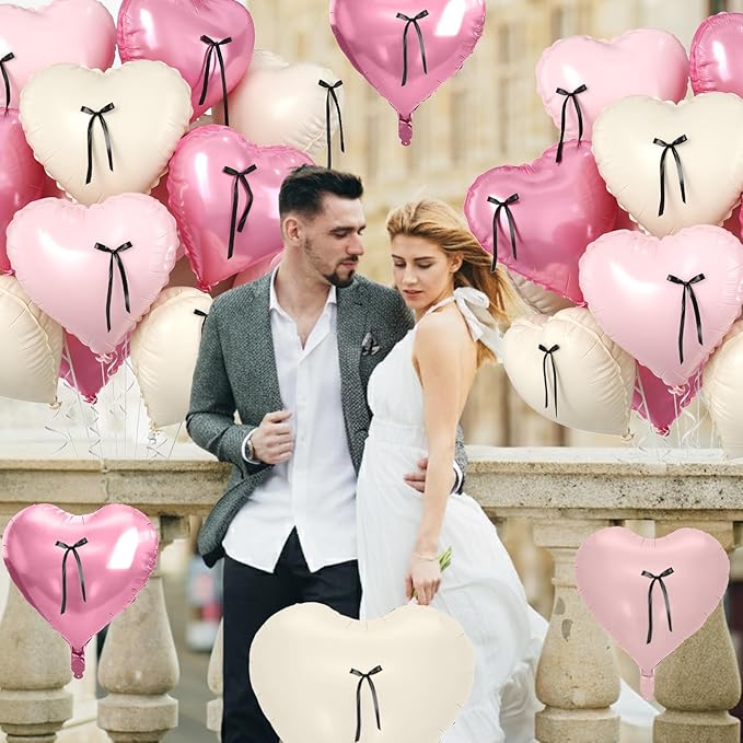 Pink Heart Balloons, 10 Pcs Pastel Pink Cream Heart Shaped Balloon with Black Bow Ribbon, 18 Inch Pink Sand White Foil Balloons for Girls Women Brithday Baby Shower Wedding Valentines Party Decoration