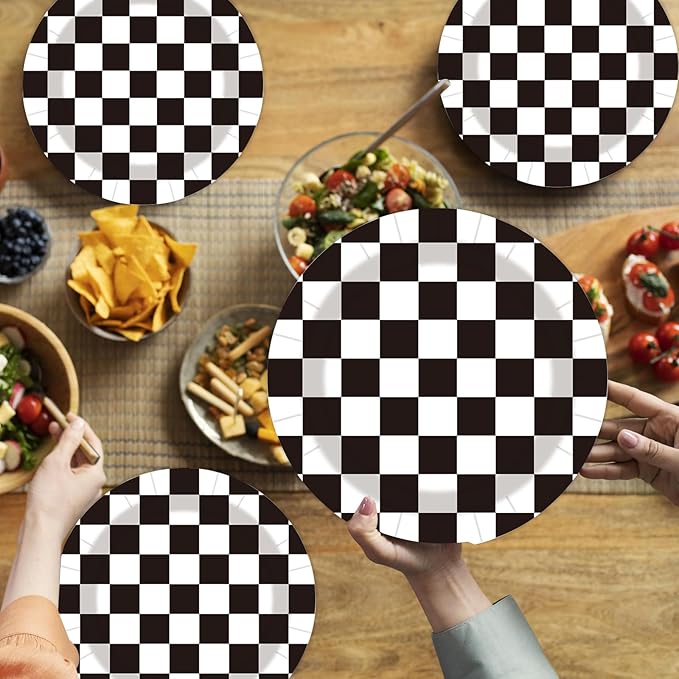 40Pcs Race Car Party Supplies Paper Plates and Napkins, 9 Inch Disposable Black White Checkered Flag Plates and Napkins for Race Car Birthday Party Decorations (Checkered)