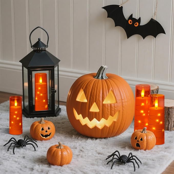 Raycare Flameless Candle with Remote Timer – 9 Flickering Acrylic Battery Operated LED Pillar Candles with Embedded Star String for Halloween, Home Decor, and as a Gift (Orange)