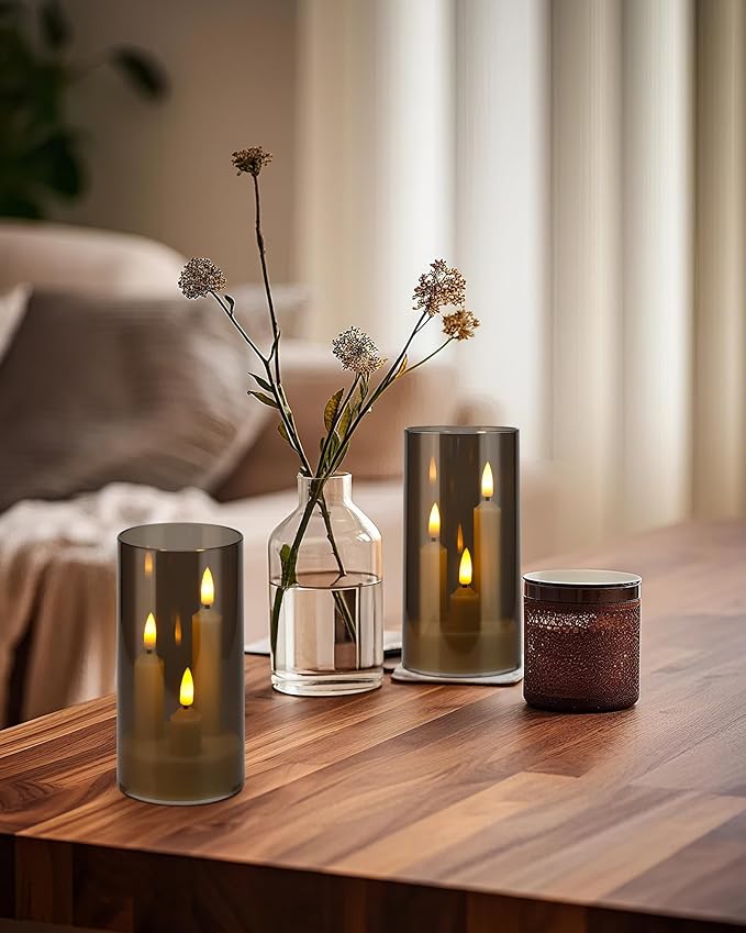 Enido 2 Pc Flameless LED 3-in-1 Taper Candles with Remote & Timer, Battery Operated Acrylic Pillar Set, 3" x 6" Flickering Electric Lights for Cozy Home & Holiday Romantic Decor (Gray)