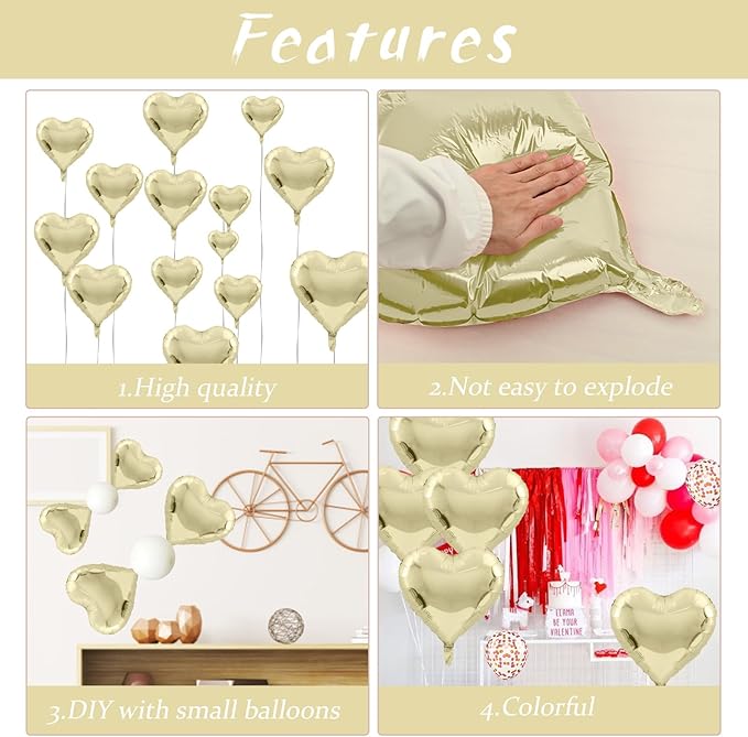 Pastel Gold Heart Balloons - 18 Inch Foil, 10 Pcs Love Balloons for Valentines Day, Birthday, Wedding, Bridal, Baby Shower Decorations