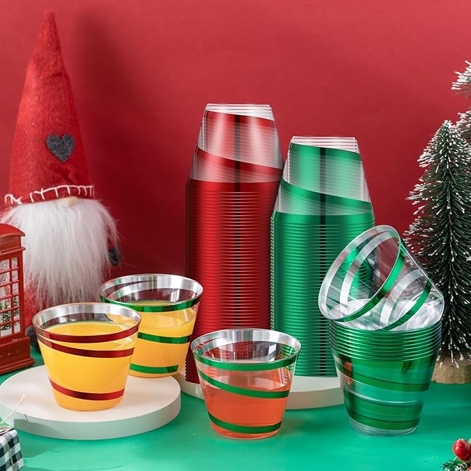 Gejoy 9 oz Rimmed Swirl Plastic Cups Disposable Wine Drinking Cups Clear Elegant Halloween Tumblers for Christmas Party Supplies(Red,Green,200 Pcs)