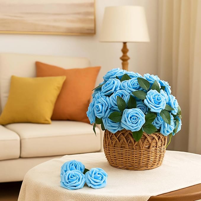100 Pcs Artificial Foam Rose Faux Bouquet with Leaves and Stems for DIY Wedding Bouquets Centerpieces Bridal Shower Party Valentine Home Decorations (Light Blue)