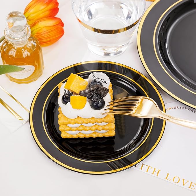 GATHER 350PCS Black Plastic Plates - Disposable Dinnerware Set Include 100PCS Black and Gold Plastic Plates, 150 Silverware, 50 Napkins, 50 Cups for Party & Wedding & New Year