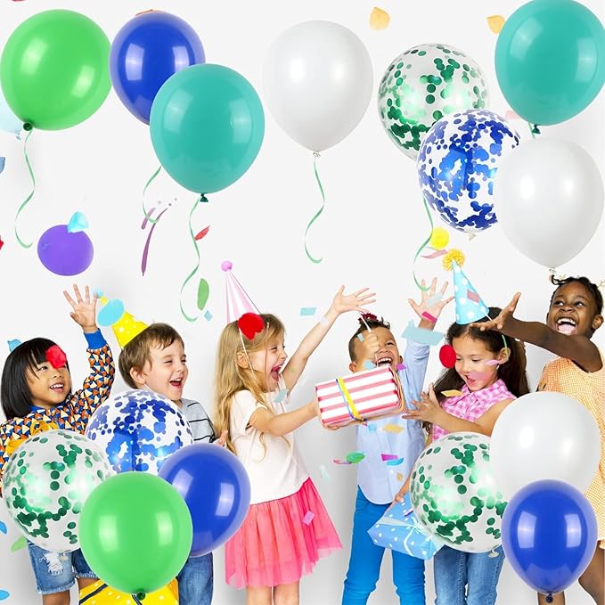 50Pcs Blue Green Balloons 12inch Light Green Blue Vintage Confetti Balloon with Ribbons for Boys Birthday Party Jungle Safari Themed Decoration