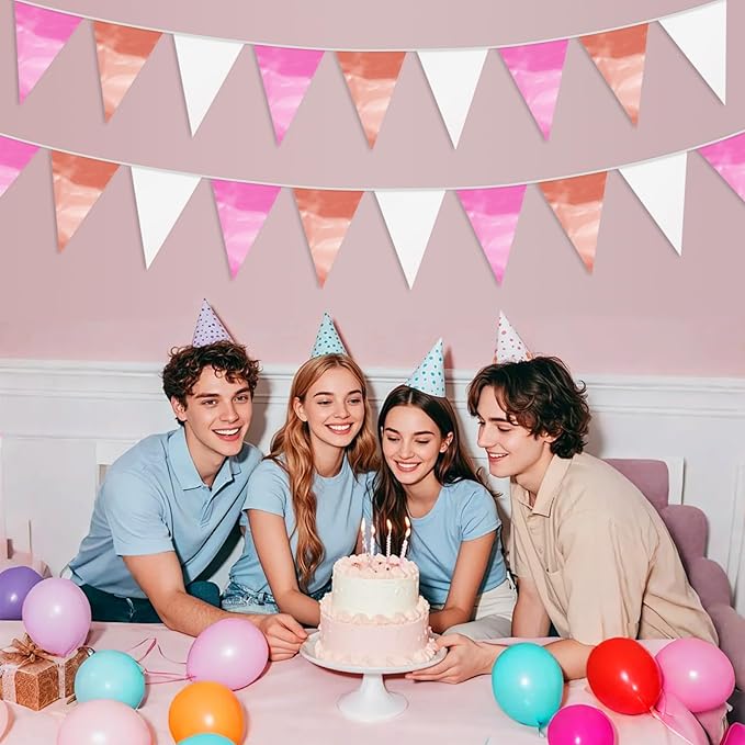 65FT Rose-Gold Pink Glitter Triangle Pennant Banner Flag Metallic Bunting Fabric Garland for Christmas Graduation Wedding Engagement Anniversary Bachelorette Bridal Shower Valentine's Party Supplies