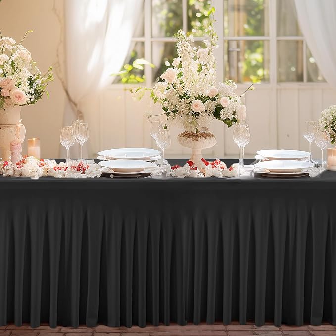 1 Pack Black Table Clothes for 8 Foot Rectangle Tables, One-Piece Wrinkle Resistant Stretch Spandex Table Covers with Skirt for Event Banquet Wedding Birthday Party