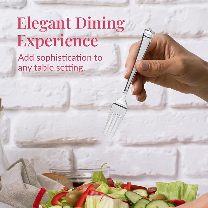 Prestee 100-Pack Heavy Duty Plastic Forks - 7-Inch Elegant Silver Plastic Forks Disposable Set - Fancy, Disposable Silverware Utensils for Parties, Holidays, Weddings, and Events - Durable Cutlery Set