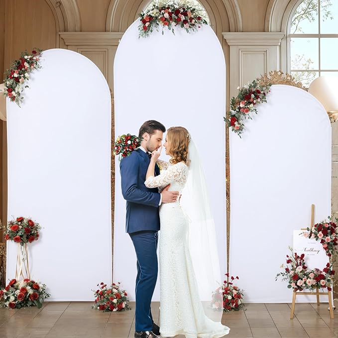 (7.2FT, 6.6FT, 6FT) Wedding Arch Cover Set of 3 White Spandex Fitted Arch Cover for Round Top Chiara Backdrop Stand Covers for Birthday Party Banquet Photo Background Decoration