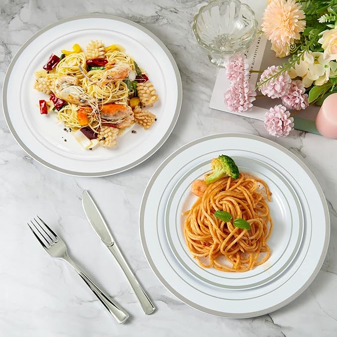 JollyPack 100 Piece Disposable Silver Plastic Party Plates, Including 50 10 Inch Dinner Plates and 50 7 Inch for Dessert, Great for Parties, Weddings, Home Use, and Christmas