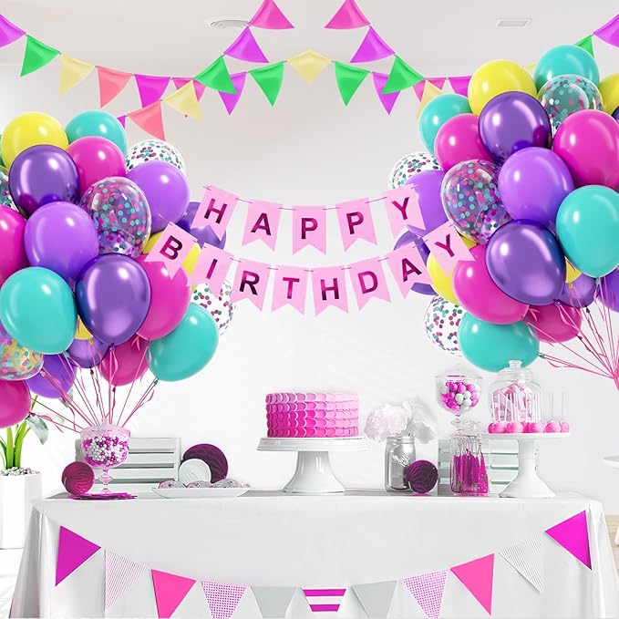 60pcs 12inch Pink Purple Blue Balloons, Hot Pink Yellow Metallic Purple Teal Confetti Balloons for Theme Engagement Baby Shower Birthday Party Decorations